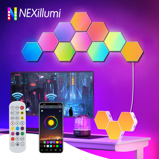 Smart Hexagon LED Wall Lights, App e Controle Remoto, Painéis De